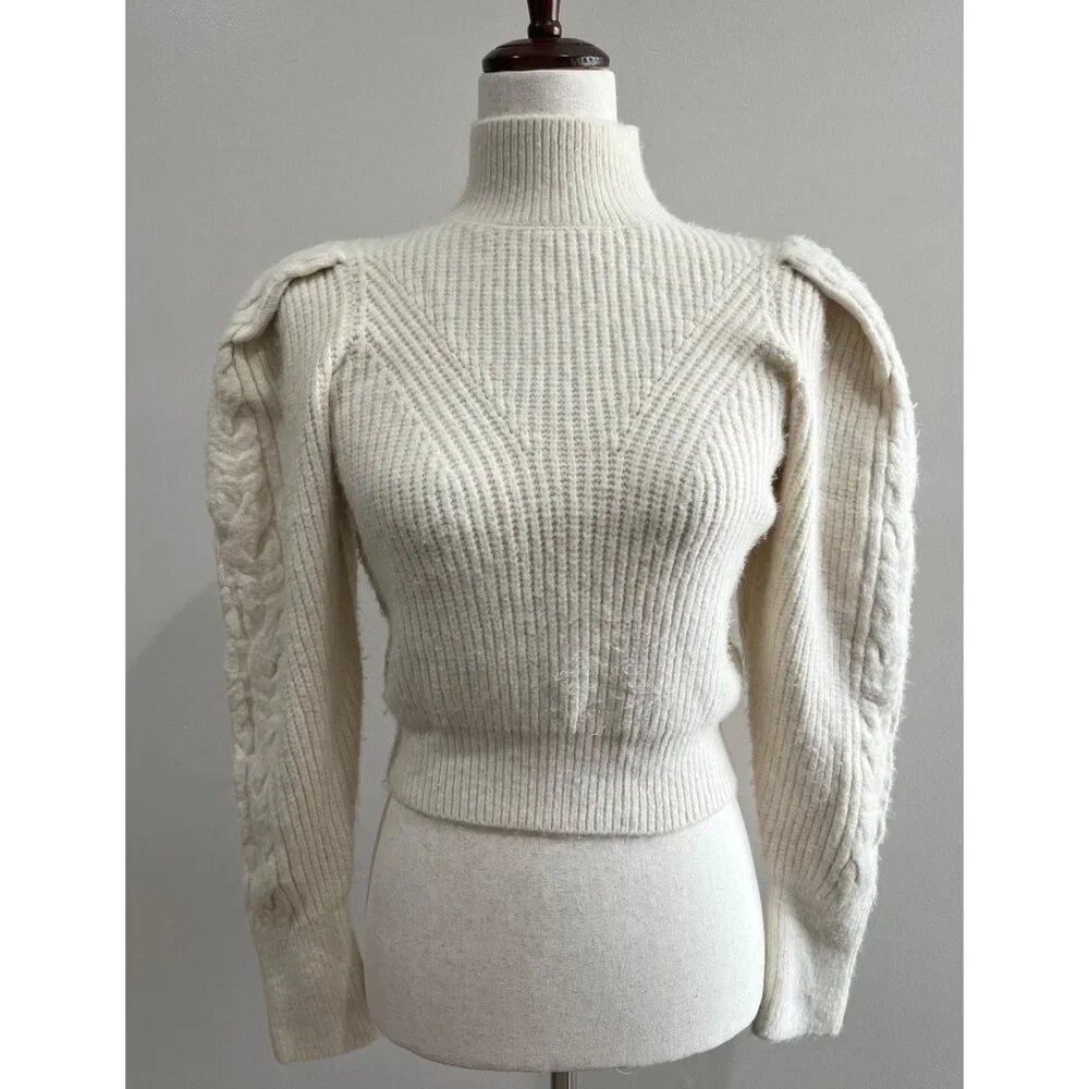 Express Puff Sleeve Mock Neck Sweater Womens S Beige Open Back Soft